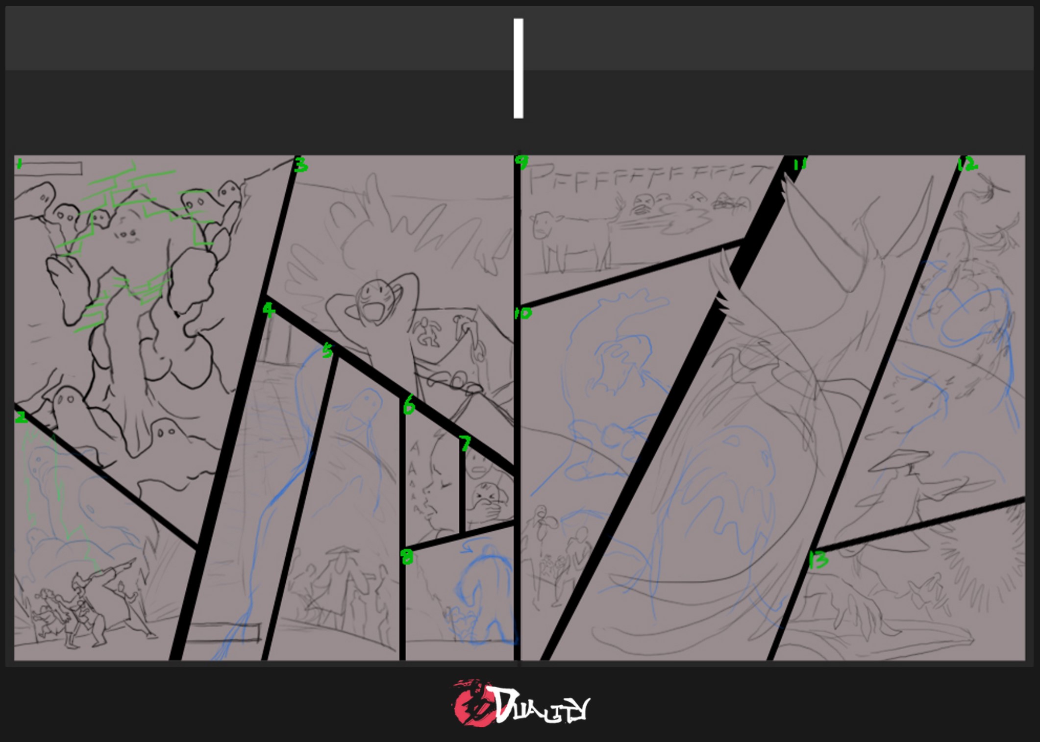 Reflecting on April - June 2022 DUALITY comic - Chapter 8 page I storyboards rough