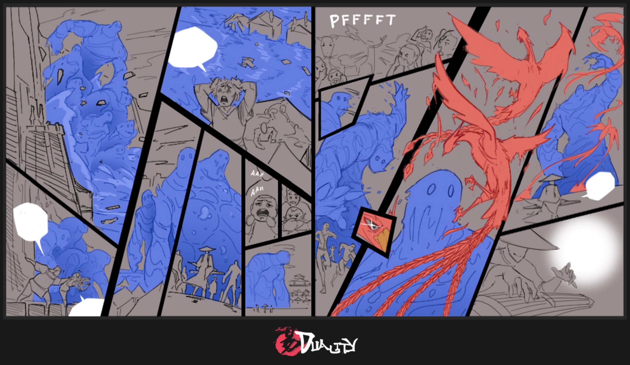 Reflecting on April - June 2022 DUALITY comic - Chapter 8 page I storyboards clean-up
