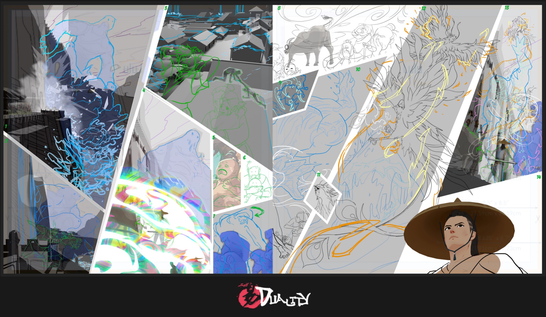Reflecting on April - June 2022 DUALITY comic - Chapter 8 page I Rough line art cleanup pass
