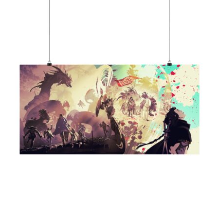 Epic Fantasy Matte Horizontal Poster — Samurai & Dragon Battle Scene